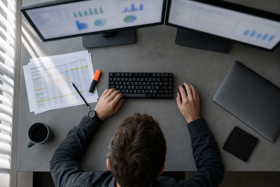 Database engineer's desk from above with two monitors, a printed change log and a coffee mug