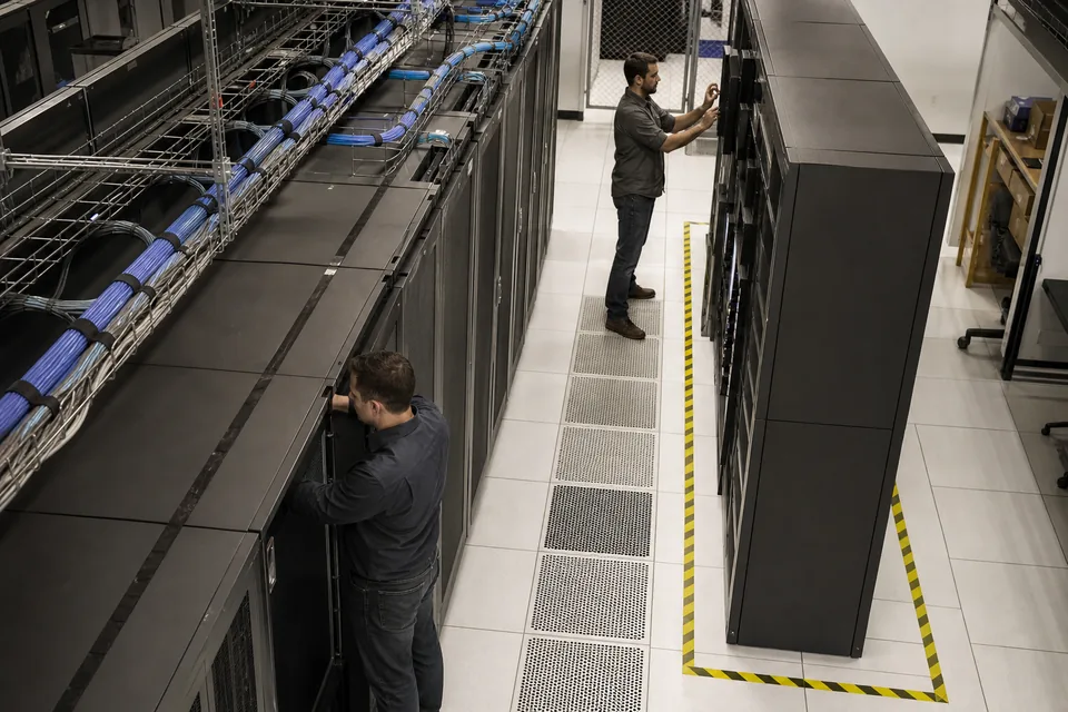 Rows of dark server cabinets and a tape library on a raised data center floor, seen from directly above