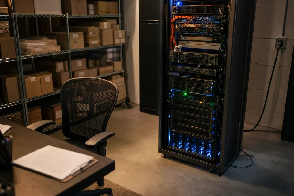 Back office of a retail distribution center with a rack-mounted server cabinet beside shelves of shipping cartons