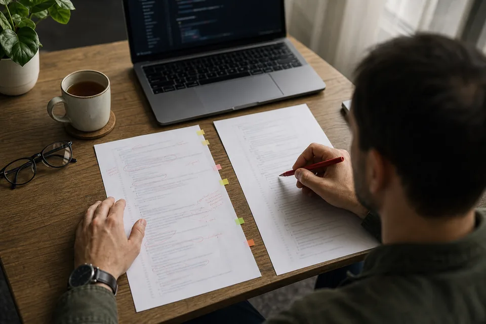 Two printed code listings side by side on a desk with a red pen marking changes, next to a laptop