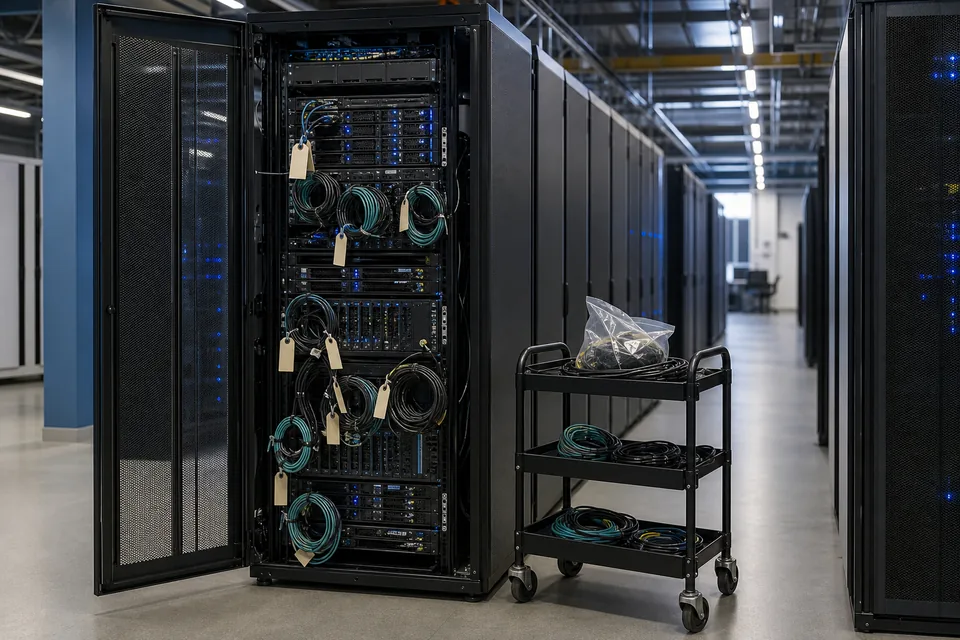 An old data warehouse appliance rack with its door open in a data center aisle, cables tagged and coiled for removal